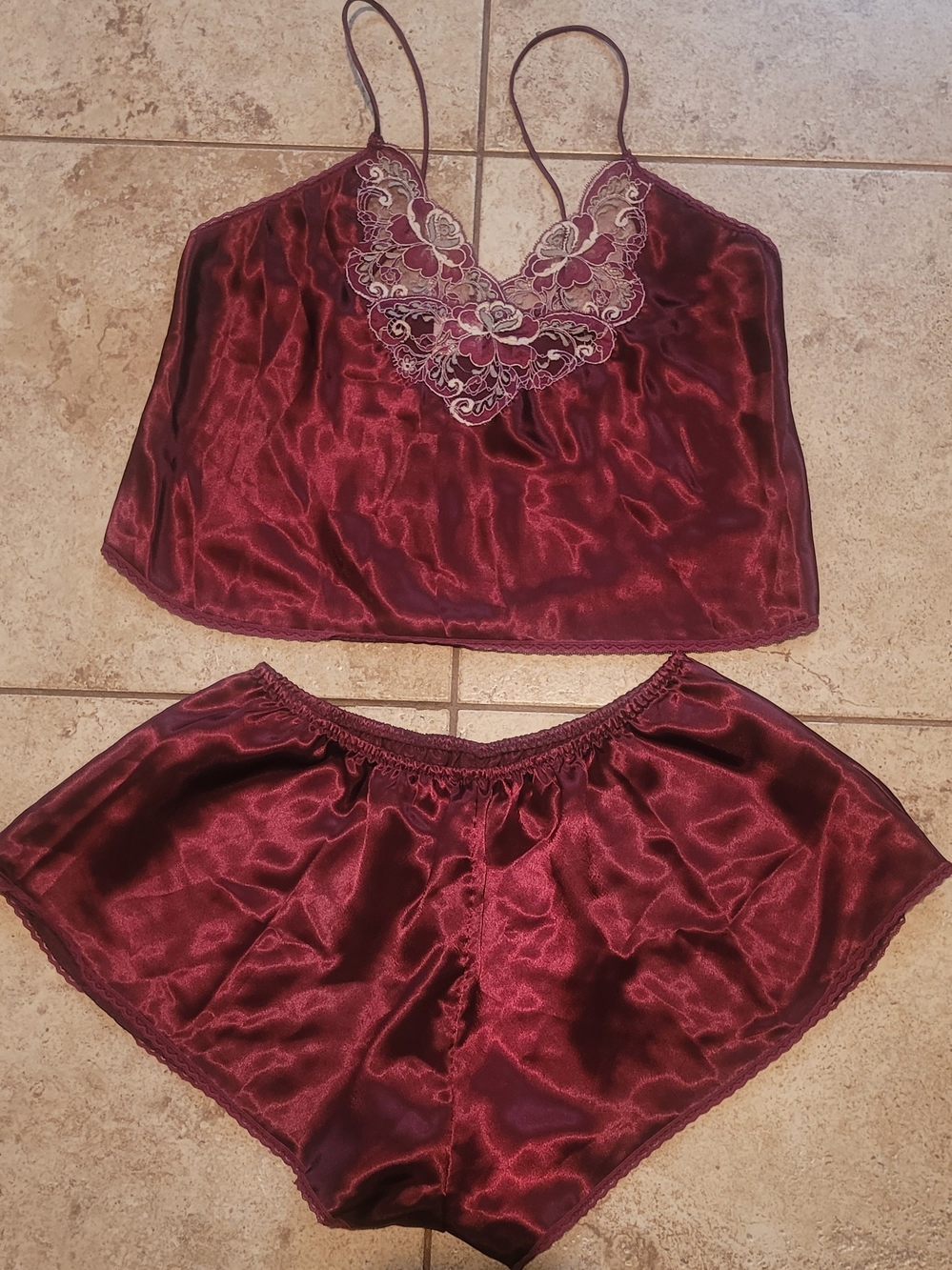 Satin Lace-Trim Pajama Set - Burgundy